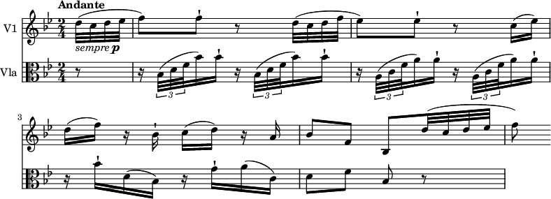 
<< \new Staff \with { instrumentName = #"V1 "}  
   \relative c' {
  \version "2.18.2"
  \tempo  "Andante"
  \time 2/4
  \key bes \major
  \tempo 4 = 70
  \partial 8 d'32_\markup { \italic sempre \dynamic p } ( c d ees f8) f-! r
  d32 ( c d f ees8) ees-! r c16 (ees )
  d (f) r bes,-! c (d) r a
  bes8 f bes, d'32 ( c d ees f8)
}
\new Staff \with { instrumentName = #"Vla "} \relative c' {
    \key bes \major 
    \clef "alto"
     \partial 8 r8 \repeat unfold 2 { r16  \tuplet 3/2 {bes32 (d f} bes16) bes-!}
     \repeat unfold 2 { r16  \tuplet 3/2 {a,32 (c f} a16) a-!}
     r16 bes-! d, (bes) r g'-! a (c,)
     d8 f bes, r
 }
>>
