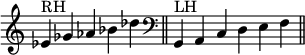  {
\override Score.TimeSignature #'stencil = ##f
    \relative c' {
    \set Score.tempoHideNote = ##t \tempo 4 = 120

    \clef treble
    \time 5/4
    es^\markup {RH}  ges aes bes des \bar "||"

    \clef bass
    \time 6/4 \hide Staff.TimeSignature 
    g,,,^\markup {LH} a c d e f \bar "||"

    }

}
