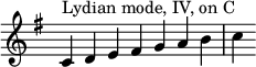 
{
\override Score.TimeSignature #'stencil = ##f
\key c \lydian
\relative c' { 
  \clef treble 
  \time 7/4 c4^\markup { Lydian mode, IV, on C } d e fis g a b c
} }
