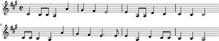 
% Comment is for length re-calculation
\new Staff <<
\clef treble \key a \major {
      \time 2/2 \partial 1    
      \relative cis' {
	cis4 b8 b8 a4 a'| gis4 fis e2 | e4 a,8 a d4 cis | cis4 b b2 \bar"" \break
        cis8 cis b4 a a'| gis4 fis e4. e8 | e4 a, d cis8 cis | b4 b a2 \bar"" \break
      }
    }
%\new Lyrics \lyricmode {
%}
>>
\layout { indent = #0 }
\midi { \tempo 2 = 78 }
