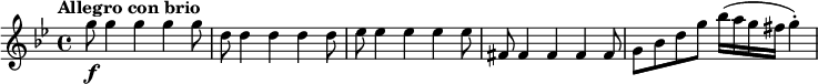 
\relative c''' {
  \set Score.tempoHideNote = ##t 
\tempo "Allegro con brio" 4 = 155
  \key g \minor
  g8\f g4 g g g8 |
  d8 d4 d d d8 |
  es8 es4 es es es8 |
  fis,8 fis4 fis fis fis8 |
  g8 bes d g bes16( a g fis g4)-. |
}
