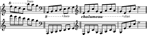 
<< { \override Score.TimeSignature #'stencil = ##f } \time 4/4 \new Staff { \ottava #1 f'''8 e''' d''' c''' \ottava #0 b''^\markup { \smaller \italic loco } a'' g''4 \bar "||" \clef bass \ottava #-1 a,,8 b,, c, d, \ottava #0 e_\markup { \smaller \italic loco } f g4 \bar "||" \clef treble \ottava #-1 \set Staff.ottavation = #"chalumeau" e8 g c' g f a c' a | g \ottava #0 e'_\markup { \smaller \italic clar. } g' c'' e''2 \bar "||" } \new Staff { f'''8 e''' d''' c''' b'' a'' g''4 | \clef bass a,,8 b,, c, d, e, f, g,4 | \clef treble e8 g c' g f a c' a | g e' g' c'' e''2 } >>
