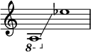 \new Staff \with {\remove "Time_signature_engraver"} {\time 2/1
\ottava -1 a,1 \glissando
\ottava 0 es'' }