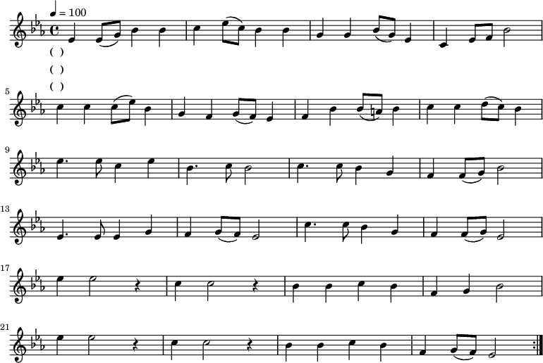 \transpose c ees \relative c' { \key c \major \time 4/4 \tempo 4 = 100 \repeat volta 3 { c4 c8( e) g4 g | a4 c8( a) g4 g | e4 e g8( e) c4 | a4 c8 d g2 | \break a4 a a8( c) g4 | e4 d e8( d) c4 | d4 g g8( fis) g4 | a4 a b8( a) g4 | \break c4. c8 a4 c | g4. a8 g2 | a4. a8 g4 e | d4 d8( e) g2 | \break c,4. c8 c4 e | d4 e8( d) c2 | a'4. a8 g4 e | d4 d8( e) c2 | \break c'4 c2 r4 | a4 a2 r4 | g4 g a g | d4 e g2 | \break c4 c2 r4 | a4 a2 r4 | g4 g a g | d e8( d) c2 | } } \addlyrics { \set stanza = "(一)" 西 山 蒼 蒼， 東 海 茫 茫， 吾 校 莊 嚴， 岿 然 中 央， 東 西 文 化， 薈 萃 一 堂， 大 同 爰 躋， 祖 國 以 光。 莘 莘 學 子 來 遠 方， 莘 莘 學 子 來 遠 方， 春 風 化 雨 樂 未 央， 行 健 不 息 須 自 強。 自 强， 自 強， 行 健 不 息 須 自 強！ 自 強， 自 強， 行 健 不 息 須 自 強！ } \addlyrics { \set stanza = "(二)" 左 圖 右 史， 鄴 架 巍 巍， 致 知 窮 理， 學 古 探 微， 新 舊 合 冶， 殊 途 同 歸， 肴 核 仁 義， 聞 道 日 肥。 服 膺 守 善 心 無 違， 服 膺 守 善 心 無 為， 海 能 卑 下 眾 水 歸， 學 問 篤 實 生 光 輝。 光 輝， 光 輝， 學 問 篤 實 生 光 輝！ 光 輝， 光 輝， 學 問 篤 實 生 光 輝！ } \addlyrics { \set stanza = "(三)" 器 識 為 先， 文 藝 其 從； 立 德 立 言， 無 問 西 東。 孰 绍 介 是， 吾 校 之 功， 同 仁 一 視， 泱 泱 大 風。 水 木 清 華 眾 秀 鍾， 水 木 清 華 眾 秀 鍾， 萬 悃 如 一 矢 以 忠， 赫 赫 吾 校 名 無 窮。 無 窮， 無 窮， 赫 赫 吾 校 名 無 窮！ 無 窮， 無 窮， 赫 赫 吾 校 名 無 窮！ } 