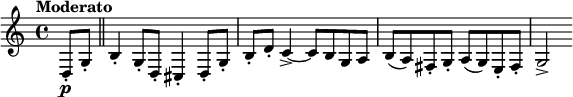  \relative c { \clef treble \time 4/4 \set Staff.midiInstrument = #"clarinet"  \tempo "Moderato" \partial 4*1 d8-.\p g-. \bar "||" b4-. g8-. d-. cis4-. d8-. g-. | b-. d-. c4->~ c8 b g a | b( a) fis-. g-. a( g) e-. fis-. | g2-> } 