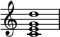 
{
\override Score.TimeSignature #'stencil = ##f
\relative c' {
   \clef treble 
   \time 4/4
   \key c \major
   <c e g d'>1
} }
