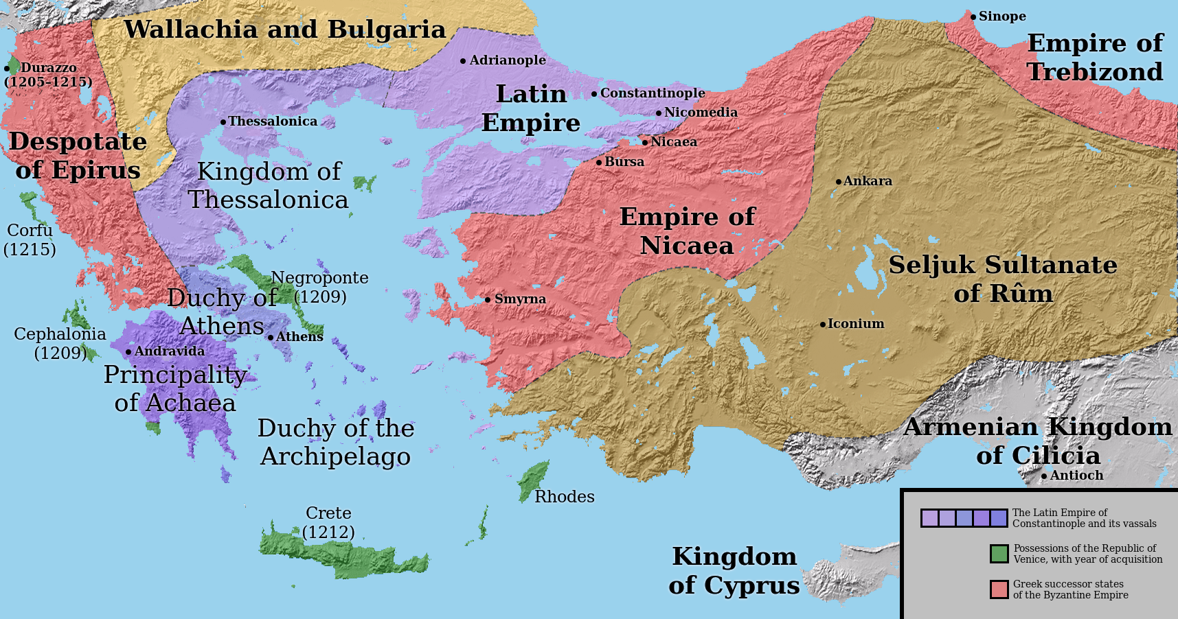 The Latin Empire (purple) and partition of the Byzantine Empire (c. 1205).