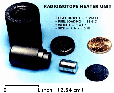 RHU Photo of a disassembled RHU. RHUs use Pu-238 to generate about 1 watt of heat each.