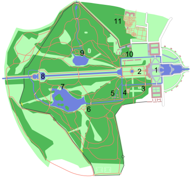 Overview: 1 Palace, 2 Grand parterre, 3 Crown prince garden, 4 Amalienburg, 5 Dörfchen with Brunnhaus, 6 Badenburg, 7 Monopteros, 8 Marble cascade, 9 Pagodenburg, 10 Magdalenenklause, 11 Botanical Garden