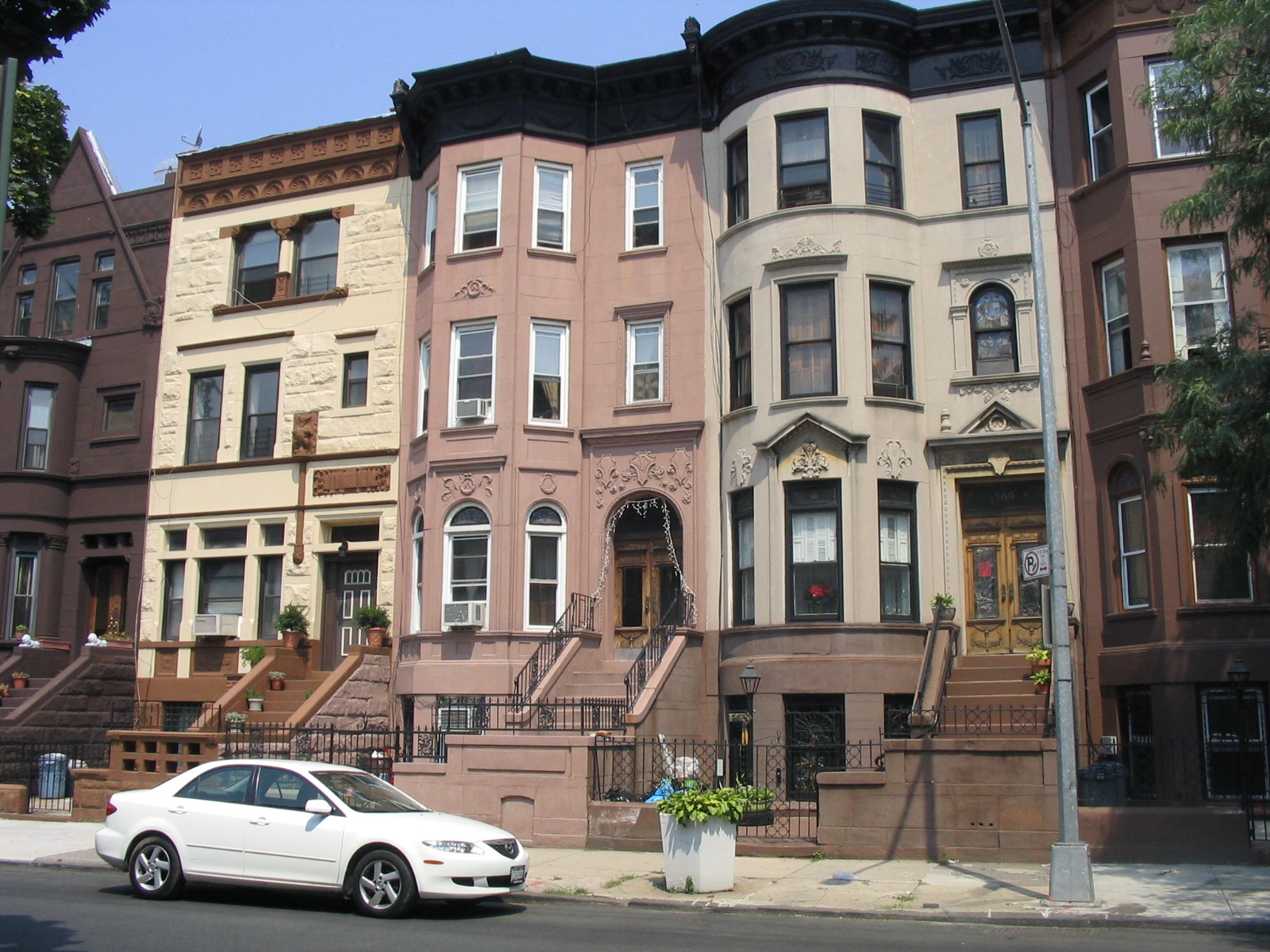 Painted brownstone rowhouses in Bedford-Stuyvesant, Brooklyn, New York