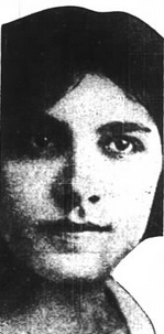 A young woman's face; she had dark hair and eyes; the black-and-white.photograph is closely cropped around her temples, apparently to fit a newspaper column's width.