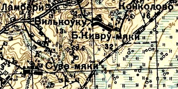 Деревня Вилькоуку на карте 1931 года