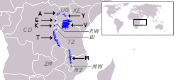 Lagos; (M)Malawi, (T)Tanganyika, (V)Victoria y (E)Edward en Africa