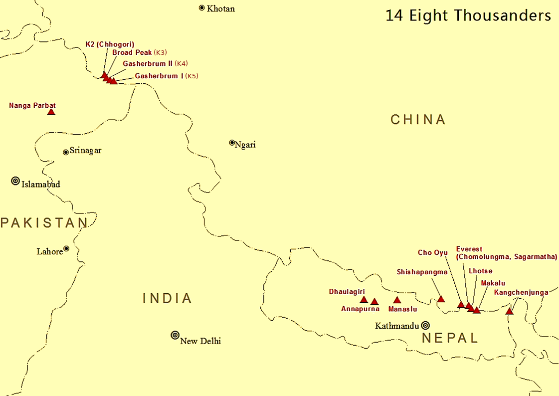 Locations of the 14 highest peaks (Eight Thousanders) in the world