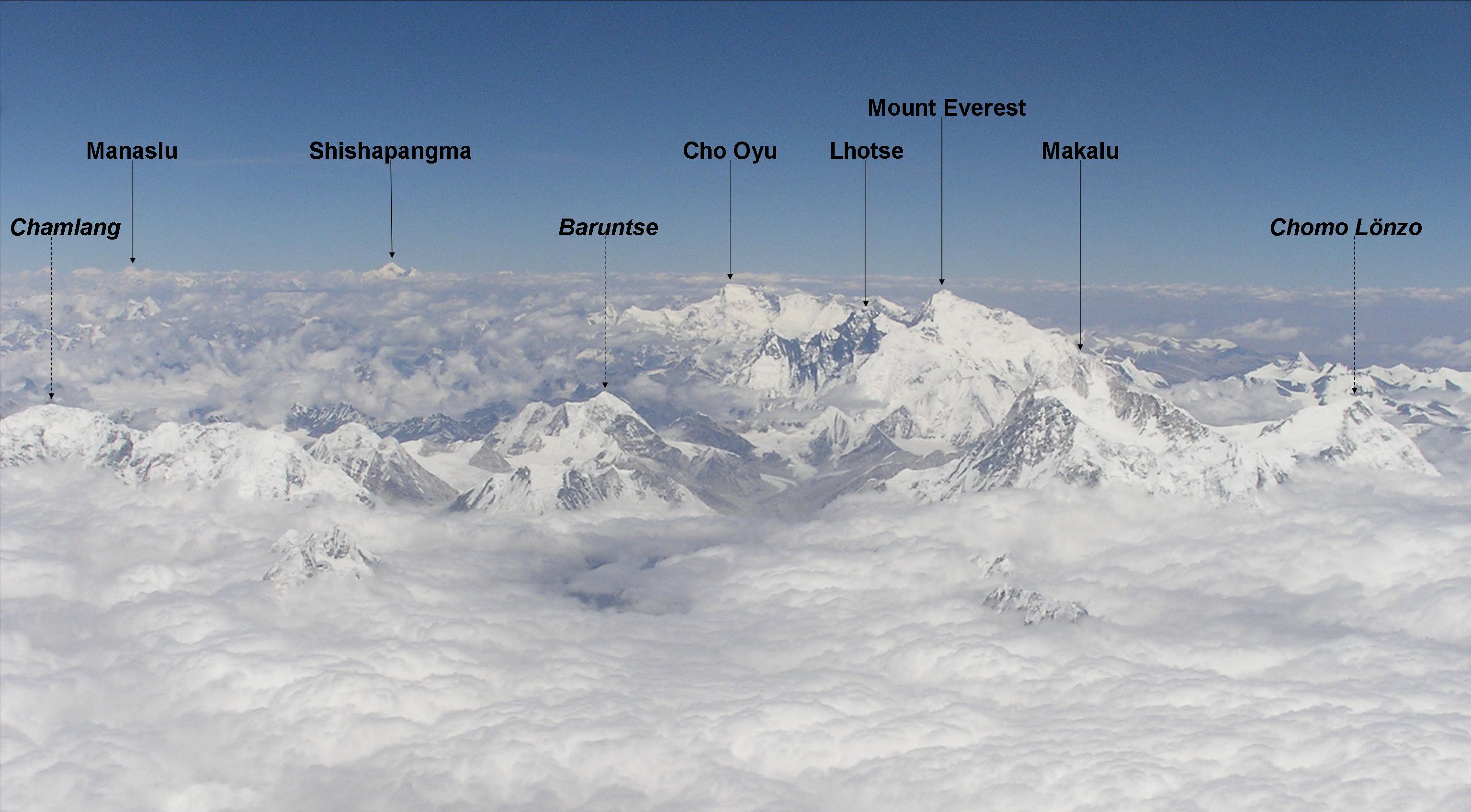 Flight over Khumbu-region; six eight-thousanders and some seven-thousanders (three identified) are visible