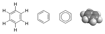 A molecule of benzene has a ring of six carbon atoms.