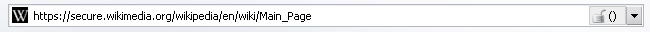 Barra de direcciones de Opera al visitar la página principal de Wikipedia segura.