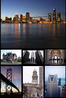 Top: International skyline. Middle: Woodward Avenue, Renaissance Center (General Motors World Headquarters), Lobby of the Detroit Institute of Arts Bottom: Ambassador Bridge, Old Wayne County Building, One Detroit Center