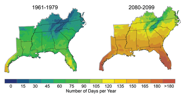 The number of days per year with peak temperature over 90ºF is expected to rise significantly, especially under a higher emissions scenario4 as shown in the map above. By the end of the century, projections indicate that North Florida will have more than 165 days (nearly six months) per year over 90ºF, up from roughly 60 days in the 1960s and 1970s. The increase in very hot days will have consequences for human health, drought, and wildfires.