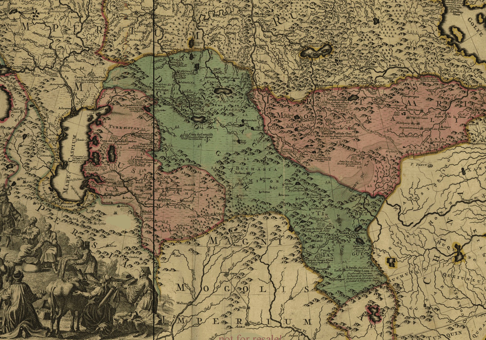 Map of the Russian Empire created in 1720–1725; this fragment shows the neighboring Kalmyk State (highlighted in green) which is referred to by Western scholars as Dzungarian Khanate