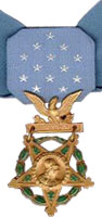 A light blue neck ribbon with a gold star-shaped medallion hanging from it. The ribbon is similar in shape to a bowtie with 13 white stars in the center of the ribbon.