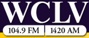 Two lines of text, both in serif type: "WCLV" on the top row, and "104.9 FM" and "1420 AM" on the bottom row.