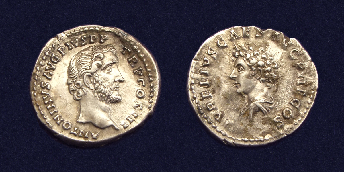 Denarius, struck 140 AD with portrait of Antoninus Pius (obverse) and his adoptive son Marcus Aurelius (reverse)