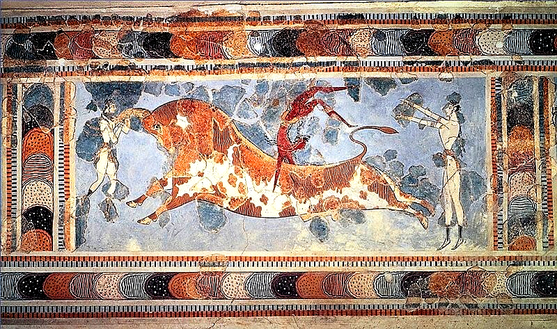 Fresco procedente del palacio de Knossos con la representación de una escena ritual con un toro.