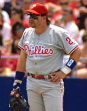 Portrait of John Kruk, Phillies' first baseman from 1989 to 1994 standing at first base with his left hand on his hip