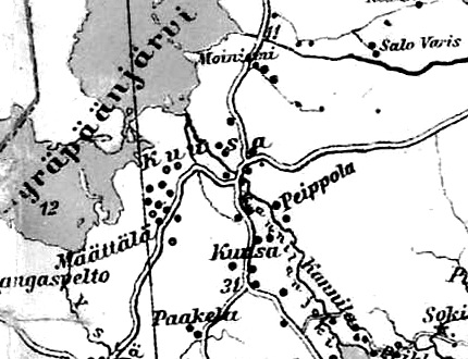 Деревни Кууса и Мяаттяля на финской карте 1923 года