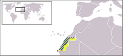 Territory claimed by the SADR, viz. Western Sahara (the lower half of the section shaded yellow). The majority is currently administered by Morocco; the remainder is named the Free Zone by SADR, and is marked in yellow.