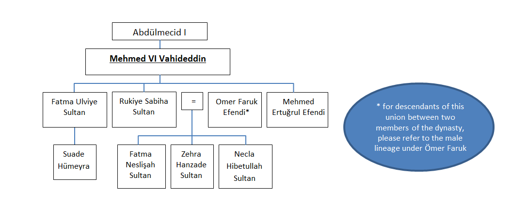 Family tree of the branch of the Ottoman Dynasty descending from Mehmed IV Vahiddeddin