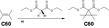 Reacción de Bingel de fulereno con un malonato ester y un hidrido de sodio o DBU en tolueno a temperatura ambiente con un rendimiento de 45%