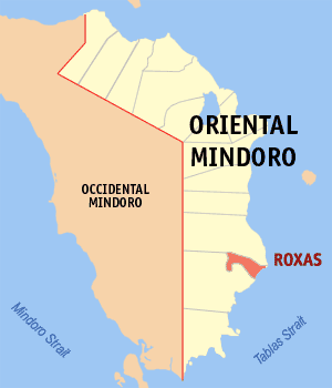 Map of Oriental Mindoro showing the location of Roxas