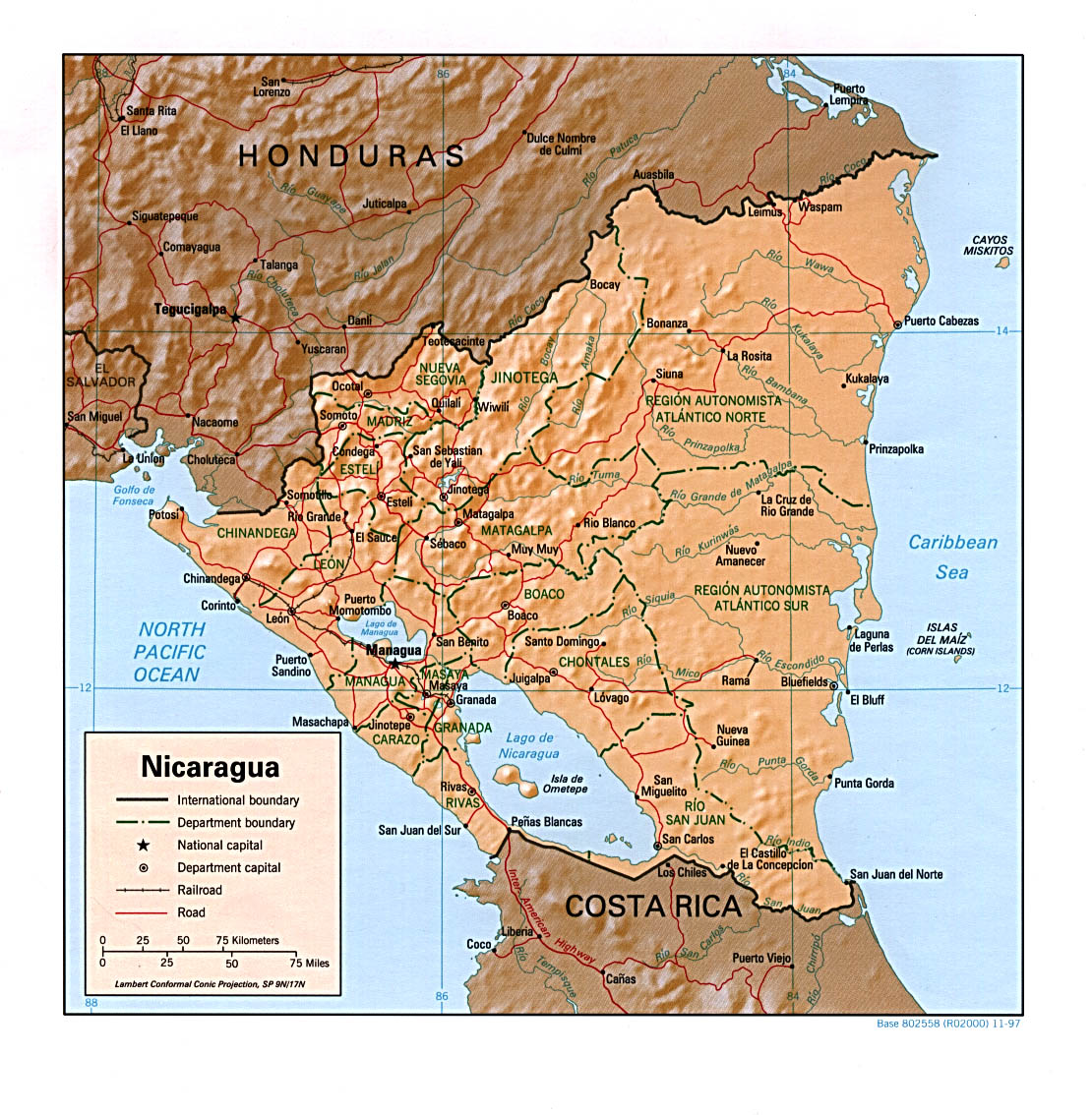 A map of Nicaragua.