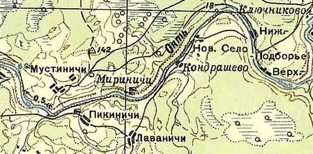 Деревня Мустиничи на карте РККА 1940 года