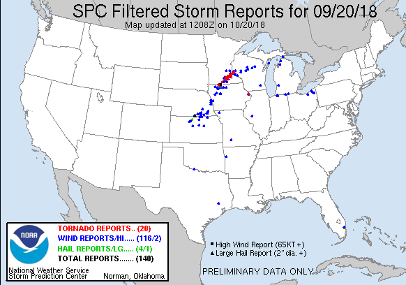 Storm reports from the Storm Prediction Center on September 20.