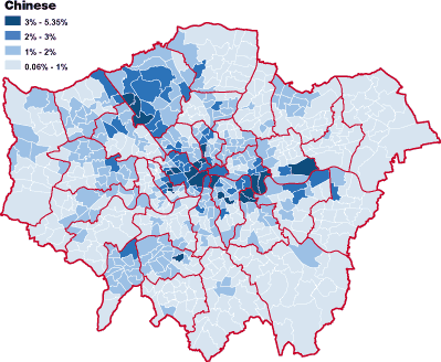 Chinese population spread (%) in London