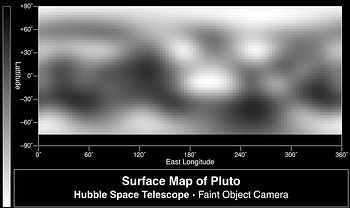 A map of Pluto based on Hubble images from 1996, centered on the anti-Charon hemisphere (Sputnik Planitia), covering the southern hemisphere down to 75°S