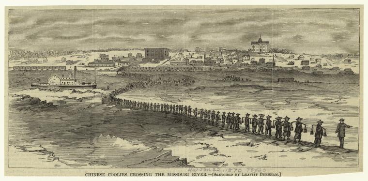 A sketch entitled "Chinese Coolies Crossing the Missouri River," by journalist, artist and later attorney Leavitt Burnham. These scene shows Omaha in the 1880s in the background.