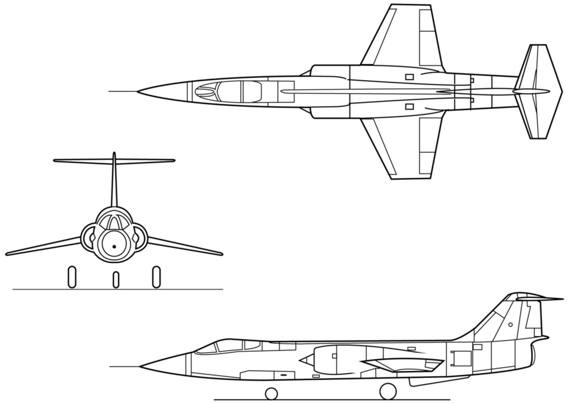 Orthographically projected diagram of the F-104 Starfighter.