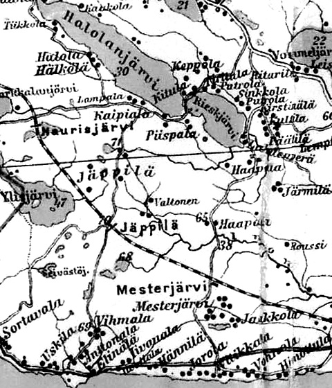 Деревни Анттонала, Элиняля и Вихмала на финской карте 1923 года