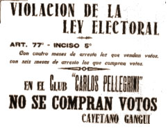 Cartel indicando que por la violacion a la ley electoral no se comprarían votos para las elecciones.