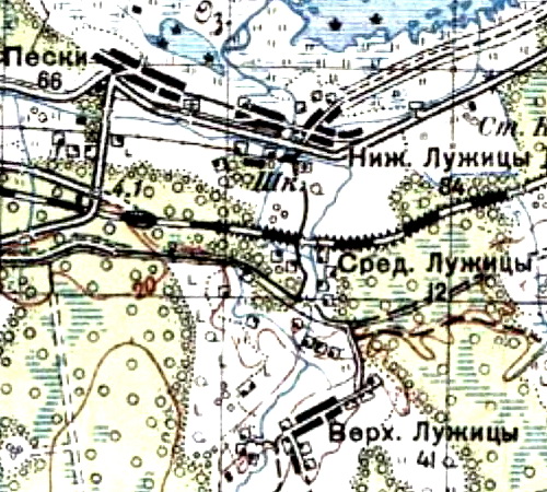 Деревни Пески и Лужицы на карте 1940 года