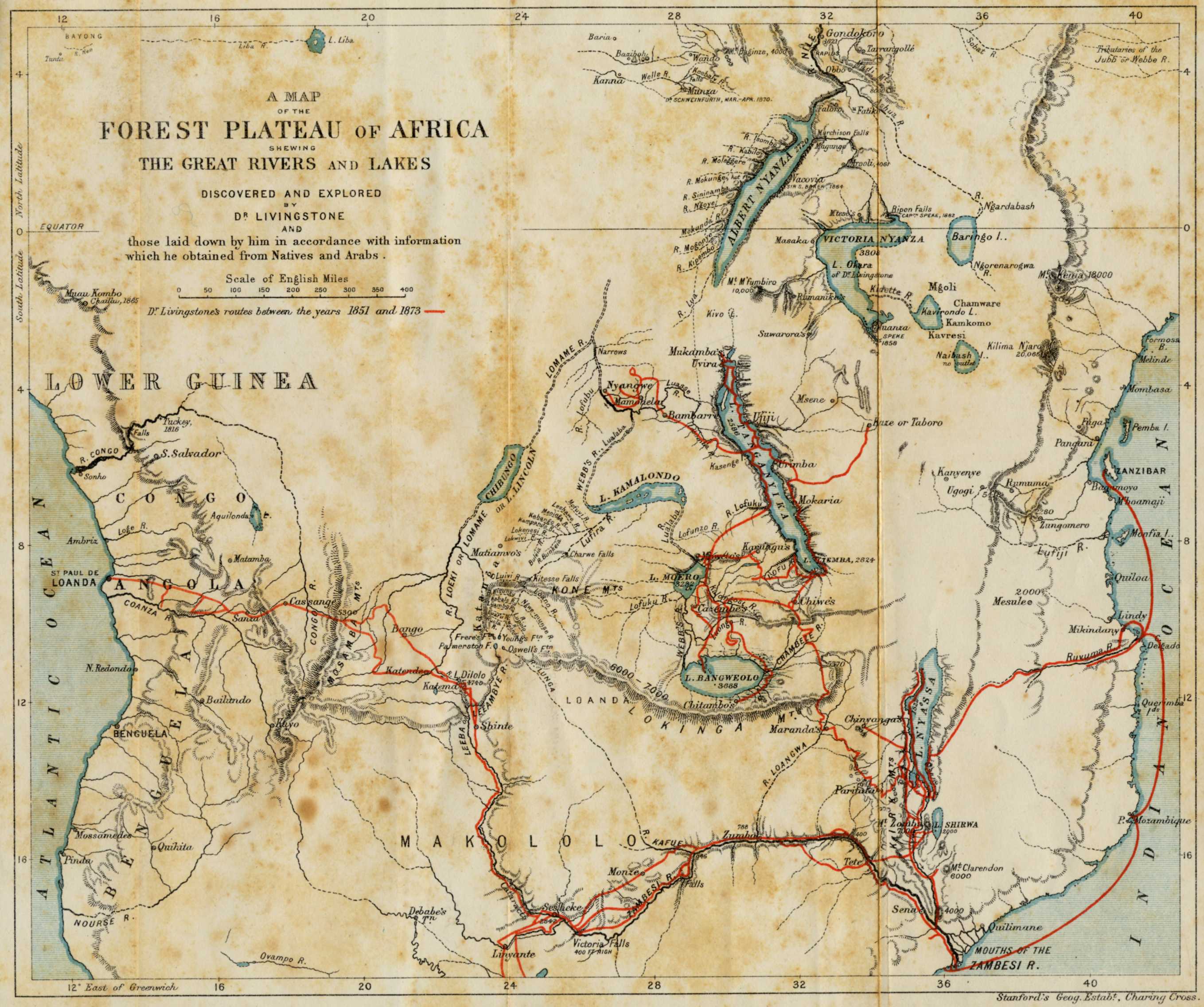 The journeys of Livingstone in Africa between 1851 and 1873