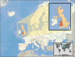 Location of Wales (inset - orange) in the United Kingdom (camel) in the European continent (white)