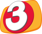 A white sans serif 3 on a red circle atop a yellow rounded rectangle, viewed in perspective and rendered in 3D.