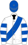 White, royal blue sash, hooped sleeves, royal blue cap