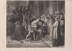 A black and white engraving showing Cardinal Thomas Wolsey being greeted by the abbot and canons, at the door of Leicester Abbey