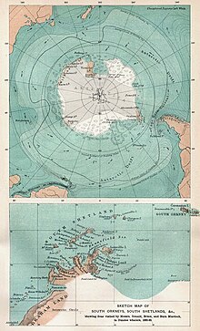 The upper of the two maps gives a projected outline of the then largely undiscovered coast of continental Antarctica, and shows its relations to the landmasses of South America, Africa and Australia. The lower map is an approximate representation of the Antarctic peninsula as envisaged in the late 19th century.